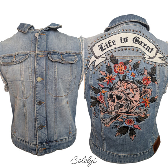 Zadig & Voltaire Kio Brode Deluxe Life is Great Floral Skull Denim Vest Medium - Picture 1 of 10